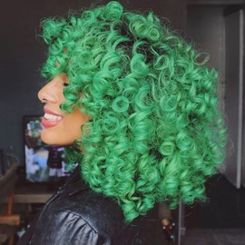 PORSMEER Afro Wig Green Women, Short Kinky Loose Curly Natural Synthetic Hair for Women, Kinky Curly with Fringe Short Wigs for Everyday Cosplay