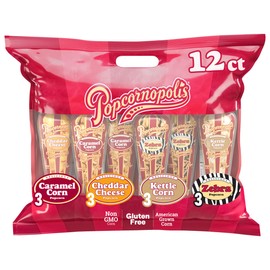 Popcornopolis Gourmet Popcorn Cone Variety Pack – Zebra, Cheddar Cheese, Caramel & Kettle Corn Popcorn, Great for Gifting & Sharing (12-Count)