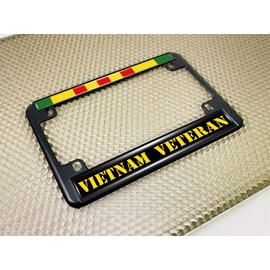 Motorcycle Metal License Plate Frame with Vietnam Veteran Domed Design - Black