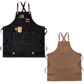 2-Pack Chef Aprons for Men Women,Cross Back Cotton Canvas Apron,For Kitchen, Garden, Cafe，Adjustable Size M-XXL,（Black and Brown）