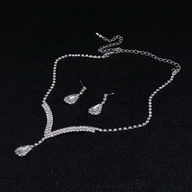 JWICOS Bridal Necklace Earrings Set Crystal Wedding Jewelry Set Rhinestone Choker Necklace for Women and Girls (Silver)