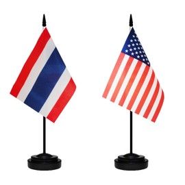 USA American & Thailand Thai Desk Flags, US Thailand Small Mini Table Office Flag, Miniature Thai and US Desktop Flag With 13" Solid Black Pole, Black Base