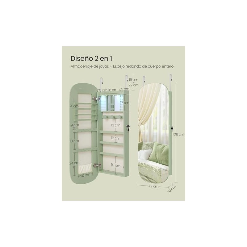 SONGMICS Espejo Joyero de Pared con Luz LED, 10 x