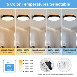TEMINBU Dimmable Wood LED Ceiling Light, 5CCT 2700K-6000K Modern Black Flush Mount Ceiling Light, Minimalist Round Close to Ceiling Light Fixture for Bedroom, Kitchen, Laundry Room, Hallway, 11.81in