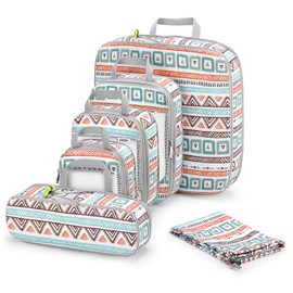 Gonex 6pcs Travel Compression Packing Cubes Set, Extensible Storage Mesh Bags, Water Repellent Polyester Flower Printed Travel Clothes Organizers Luggage Cubes with Laundry Bag (White)