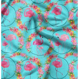 Soimoi Cotton Canvas Fabric Floral Wreath & Flamingo Bird Printed Fabric 1 metre 42 Inch Wide
