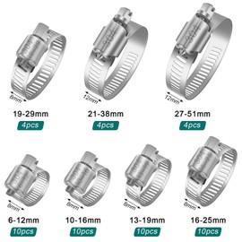 52 Piece 6-51 mm Hose Clamp Set, Leryati Hose Clamp 304 Stainless Steel Clamps, Hose Clamp No Hose Tie Assortment Mini Hose Clamp for Pool, Washing Machine, Pond and Garden - 7 Sizes