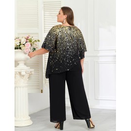 Hanna Nikole Chiffon Pant Suits for Wedding Plus Size 2 Pieces Mother of The Bride Pant Suits with Sleeves Black 4X