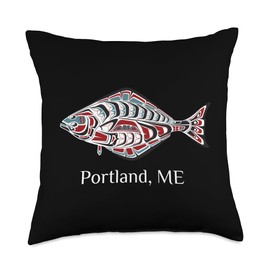 Portland Maine Native American Tribal Halibut Portland Maine Coast Halibut Fisherman Native American Throw Pillow, 18x18, Multicolor