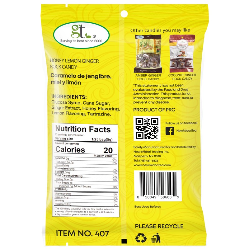 GT Honey Lemon Ginger Rock Candy, 4.41 Ounce Bag, 1