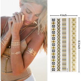 6Pcs Tatuajes de Oro Papel De Tatuaje a Prueba De Agua Tatuajes Metálicos Temporales Pegatinas de Tatuajes Falsos de Cara Y Cuerpo para Adultos Pegatinas De Tatuajes De Arte Corporal (Oro Plata)