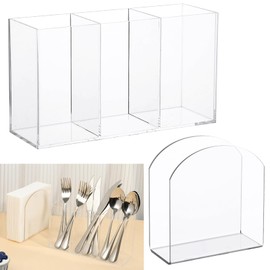 Rainmae Cutlery Storage Organizer and Napkin Holder Kit, Acrylic Cutlery Utensil Holder Tissue Paper Holder for Kitchen Countertop Organization Hold Fork Knife Spoon Silverware Tableware Storage Box