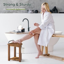 Smart Fendee 16.5“ Teak Shower Bench Seat with Handle, Corner Wooden Spa Bathing Stool with Storage Towel Shelf, Perfect for Inside Shower and Outdoor Use