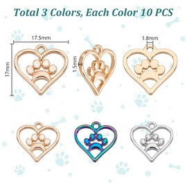 AHANDMAKER 30Pcs 3 Colors Heart with Dog Footprint Pendants Love Animal Paw Print Charms Necklace Bracelet Earrings for Women Metal Flat Puppy Charm for Jewelry Making DIY Findings