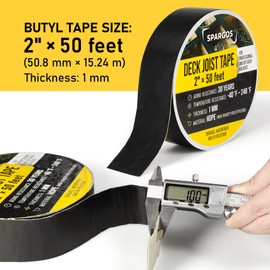 SPARGOS Deck Joist Tape for Decking, Black, 2' x 50" Feet Roll, 1-Pack – Self-Adhesive Butyl Waterproof Flashing Tape, Protects Deck Beams from Rot and Decay, Easy-to-Apply
