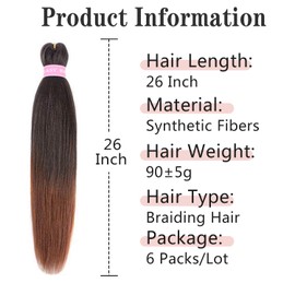 MSBELLE Brown Braiding Hair Pre Stretched,26 Inch 6 Pack Prestretched Ombre Braiding Hair Extensions for Women Synthetic Soft Yaki Texture Crochet Braids Hair Extensions (1B/30#)