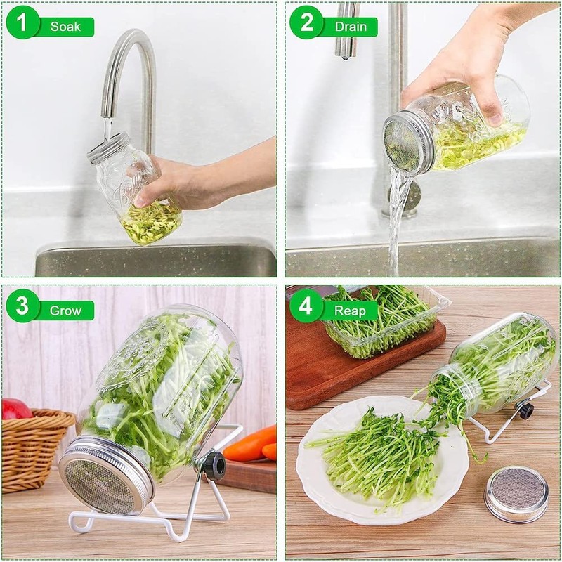 Nudiuhis Germination Kit, Stainless Steel Germination Jar Lid, Stand for