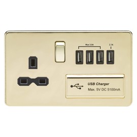 Knightsbridge SFR7USB4PB Screwless 1G 13A Switched Socket with Quad USB Charger 5V Dc 5.1A-Polished Brass with Black Insert