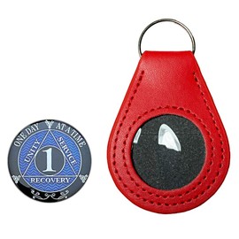 AA 1 Year Recovery Medallion, Silver, Blue and Black Color, Alcoholics Anonymous Recovery Metal Coin, And a Red Vegan Leather Keychain Coin Holder