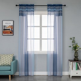 1 Pair Semi-Transparent Voile Stripe Curtains for Living Room, Bedroom, Kitchen and Indoor Use, 2 Panels with Pocket (70 x 235 cm, Blue + Grey)