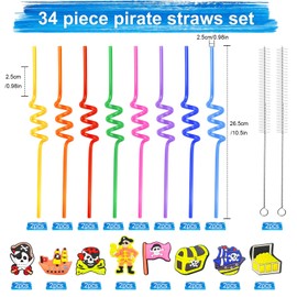 Realure 16Pcs Reusable Drinking Straws with Cleaning Brush Curly Hard Plastic Pirate Theme Straws Colorful Novelty Cartoon Party Fun Straws for Kids Birthday Party Decorations Family Gatherings Party