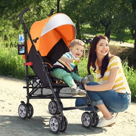 BABY JOY Lightweight Compact Travel Stroller - Infant to Toddler with Adjustable Backrest & Canopy, Cup Holder, Storage Basket, 5-Point Harness, Easy Fold - Orange