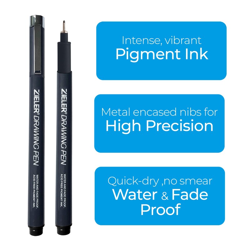 Zieler 12 Fineliner Drawing Pens (Black, Sepia & Grey) Water