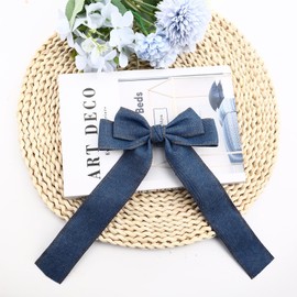 PLwelth Denim Bow Hair Clip for Women Girls Kids Large Bow Hair Ribbon Barrettes with Long Tail Non Slip Denim Bow Hair Pin Cute Aesthetic Hair Accessories for Thick Thin Curly Hair Party Decoration