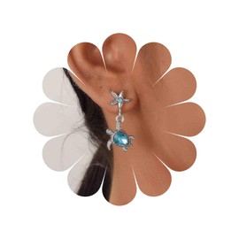 Cybche Boho Crystal Turtle Starfish Earrings Sapphire Turtle Dangle Earrings Silver Starfish Stud Earrings Blue CZ Sea Turtle Drop Earrings Cute Turtle Sea Star Earrings Jewelry for Women