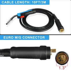 AZZUNO 15AK MIG Welding Gun with 10-ft Cable Euro Connector, for AZZUNO MIG-200F/MIG-250F/MIG-200PRO