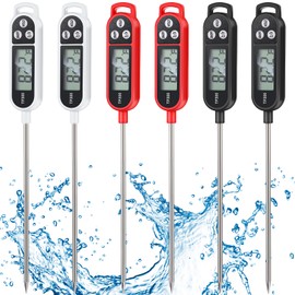 Copkim 6 Pcs Instant Read Meat Thermometer with Long Probe 9.65 Inch Kitchen Cooking Food Candy Waterproof Digital Thermometer for BBQ Water Milk Yogurt Liquid (Round&Square Ring,Black,White,Red)