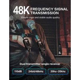 EBJ Wireless Microphone System UHF wireless XLR transmitter and receiver for dynamic/capacitive microphones, 48V Phantom power supply, electric guitar/bass, audio mixer, PA system (One drag two)
