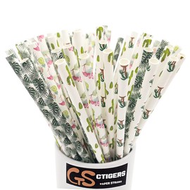 CTIGERS Hawaiian Tropical Paper Straws for Summmer Party Beach Cocktail Flamingo Pineapple Cactus Coconut Tree 4 Color Mixed Biodegradable Drinking Straws Box of 100