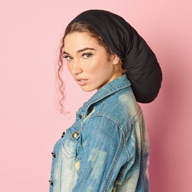 ADAMA Satin Lined Jersey Beanie - Extra Long for Extra Voluminous Hair, Ultra Soft, Fashionable Hipster Chic, Satin Lining Prevents Breakage and Tangling, Day and Night Hair Defense, Black, X-Large