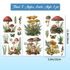 GLOBLELAND 3 Sheets Vintage Mushrooms Furniture Transfer 6x12inch Fern and Butterfly Rub on Transfer Self-Adhesive Wall Art Decals for Bedroom Living Room Desk Table Decoration