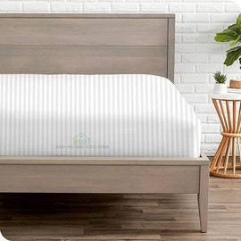 1 Fitted Sheet Only, 100% Egyptian Cotton - 400 Thread Count, Fitted Sheet fits Upto 15 Inch Deep Pocket - Queen Size - Hotel Luxury Single Fitted Sheet Only - White Stripe Fitted Bottom Sheet Only