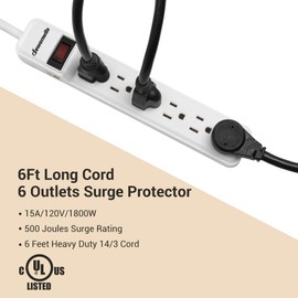DEWENWILS 2-Pack 6-Outlet Power Strip Surge Protector with 6Ft Long Extension Cord, Low Profile Flat Plug, 15 Amp Circuit Breaker, 500 Joules, Wall Mount, White, UL Listed