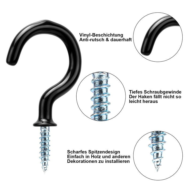 FINEASY Pack of 75 Screw Hooks, Black, 6 Sizes, Ceiling