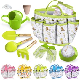 Kids Gardening Tool Set 18PCS Kids Toddler Gardening Set Includes Tote Bag Watering Can Apron Hat Rake Shovel Spoon Gloves Plant Pots and Labels, Outdoor Toys Gift for Boys Girls (Green)
