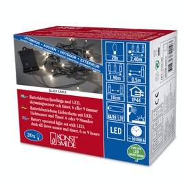 Konstsmide 3722-100 LED Lichterkette / für Außen (IP44) / Batteriebetrieben: 4xAA 1.5V (exkl.) / mit Lichtsensor, 6h und 9h Timer / 20 Dioden / schwarzes Kabel, Warmweiß