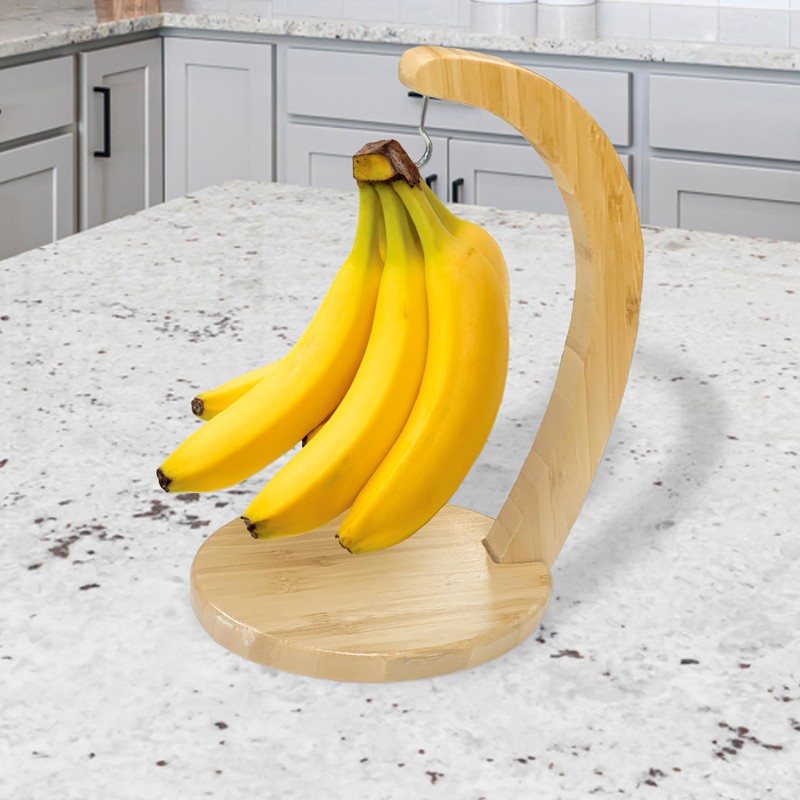 JS Gourmet Bamboo Banana Stand with Stainless Steel Hanging Hook,