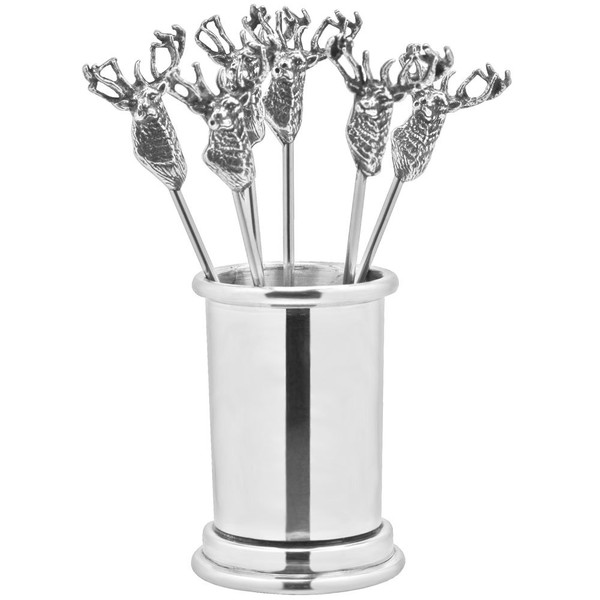 English Pewter Company Set of 6 Pewter Stag Head Cocktail/Olive Picks and Holder [STAG126]