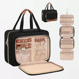 Wedama Toiletry Bag with Hanging Hook Jewelry Organizer Makeup Cosmetic storage for Travel weekender Gift idea for women wife:_Pink+Jewelry storage