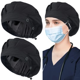 ABAMERICA 2 Pack Bouffant Caps with Button and Sweatband, Adjustable Scrub Caps for Women Men, Satin Layer
