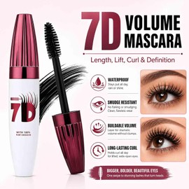 7D Waterproof Volume Mascara, Black Lengthening & Thickening Mascara for Fuller Softer Lashes, Long-Lasting Smudge-Resistant Natural Curling Eye Makeup for Women and Girls (2PC)