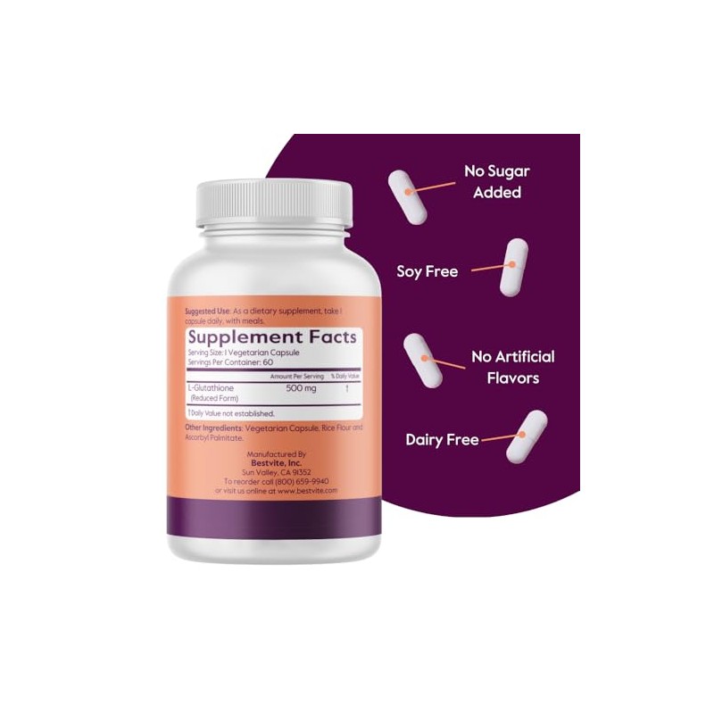 BESTVITE L-glutatión 500 mg utilizando ingrediente setria clínicamente investigado (60