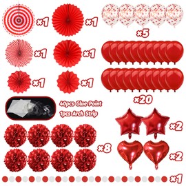 Premium Rot Partydeko - Papier Fächer, Pompons, Luftballon, Party Deko für Frauen, Hochzeit Party Deko, Geburtstag Party Deko, Happy Birthday Dekoration, Valentinstag Deko, Weihnachtsdekoration