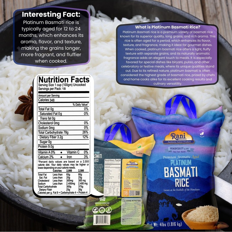 Rani Platinum White Basmati Rice Extra Long Aged 4-Pound Bag,