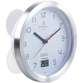 St Leonhard Bathroom Clock, Bathroom Wall Clock with LCD Thermometer and Aluminium Frame, IPX4 Bathroom Wall Clock