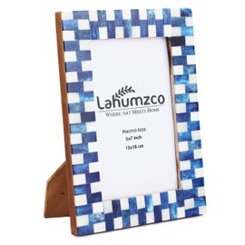 Lahumzco Bone Picture Photo Frame Gingham Pattern Art Inspired Vintage Table-Top/Wall Décor Handmade Frames (4x6 Inches, Blue White)